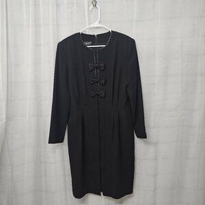 Vintage Debra Michaels Black Dress Bows Pleated Beaded Retro Dark Coquette 14